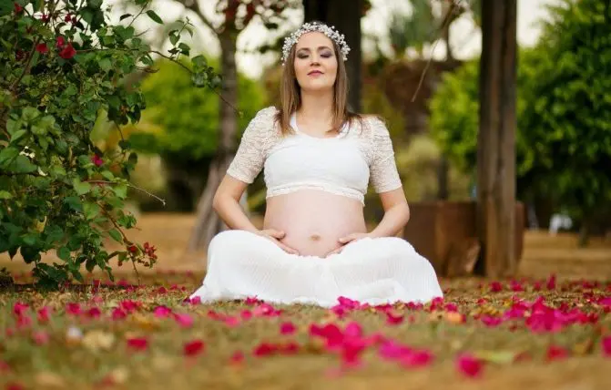 donna in gravidanza seduta in un campo di fiori
