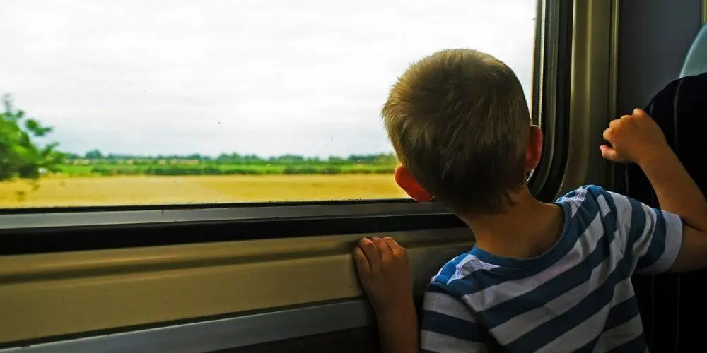 bambino in treno guarda fuori dal finestrino