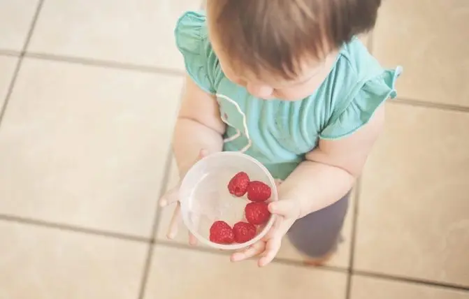 bambina tiene in mano vaschetta con dei lamponi